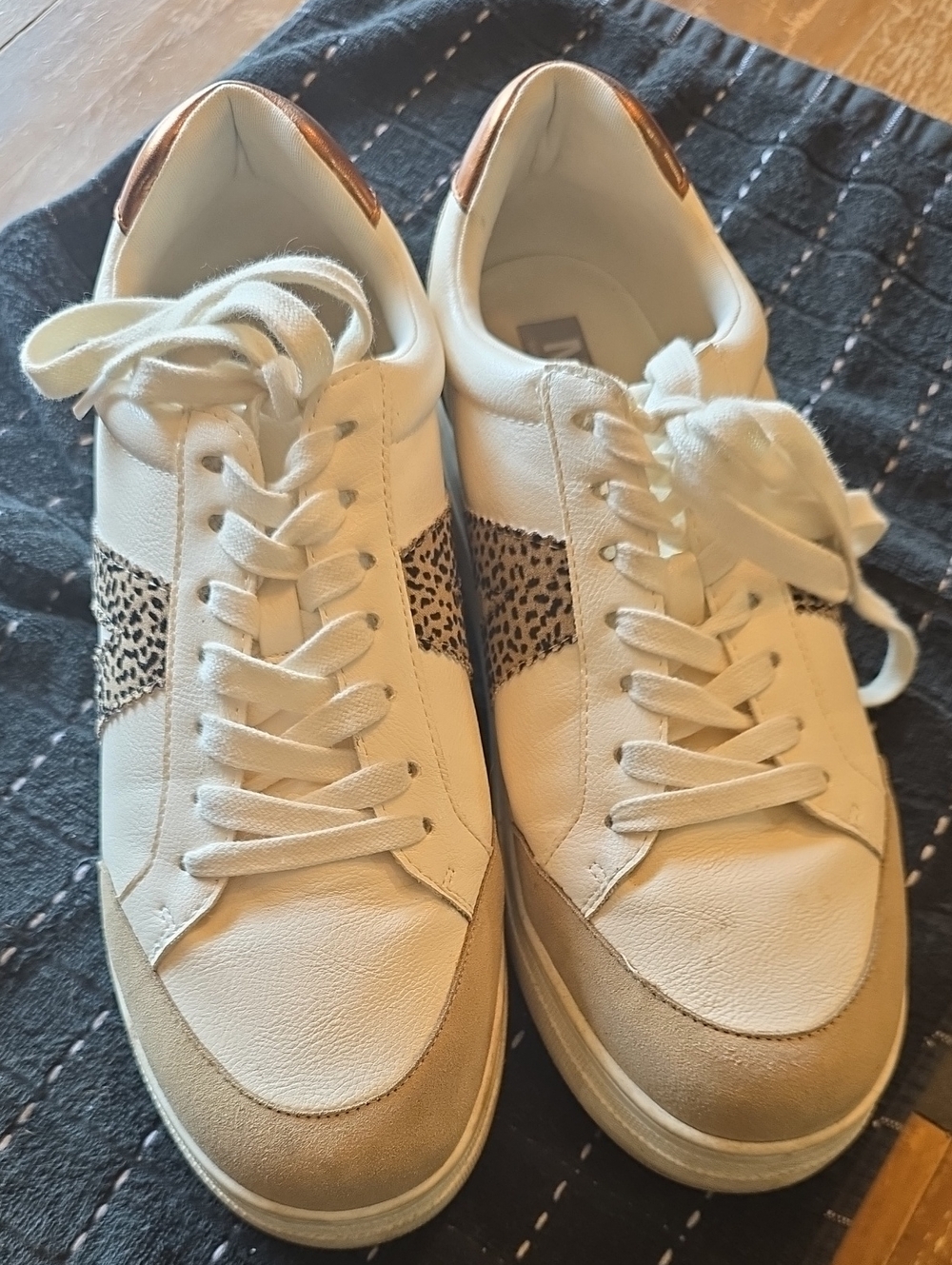 MIA Buckle White Leather Sneakers with Leopard Panel and Tan Accents
